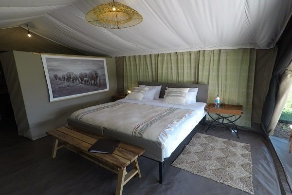 Guest tent bedroom with a double bed and a framed elephant print above it