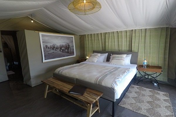 Guest tent with a double bed, bench and bedside lamp beneath a framed elephant print
