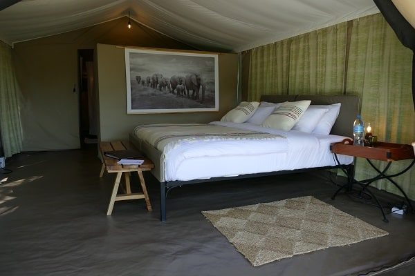 Guest tent bedroom with a double bed, wooden stool and woven rug, a framed wildlife print above the bed